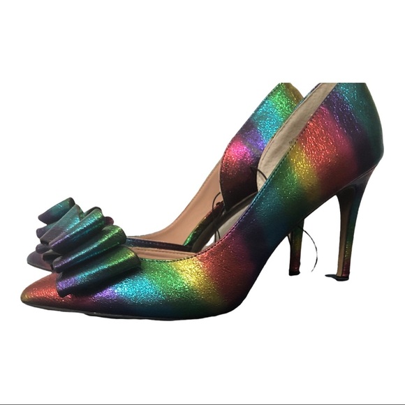 Betsey Johnson Bary metallic iridescent rainbow d’orsay stiletto bow heels sz7.5 - Picture 3 of 16